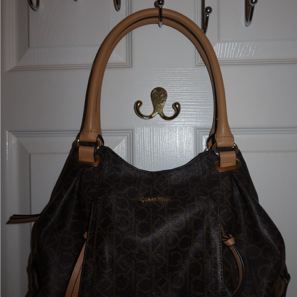 Calvin Klein Dark Brown and Tan Shoulder Bag